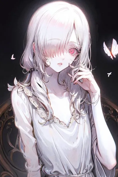 masterpiece, best quality,1girl, a woman, female focus, pink eyes, white hair, long hair, white nightgown, birdcage, moths, collarbone, (mansion interior:1.2), (night:1.2), (hair between eyes), despair, innocence, yoshitaka amano character design, style by NTY, lily, morbid, solo <lora:PsychoMode:0.7>, <lora:mekakure_right_v100:0.9>, right eye is hidden, hair over one eye