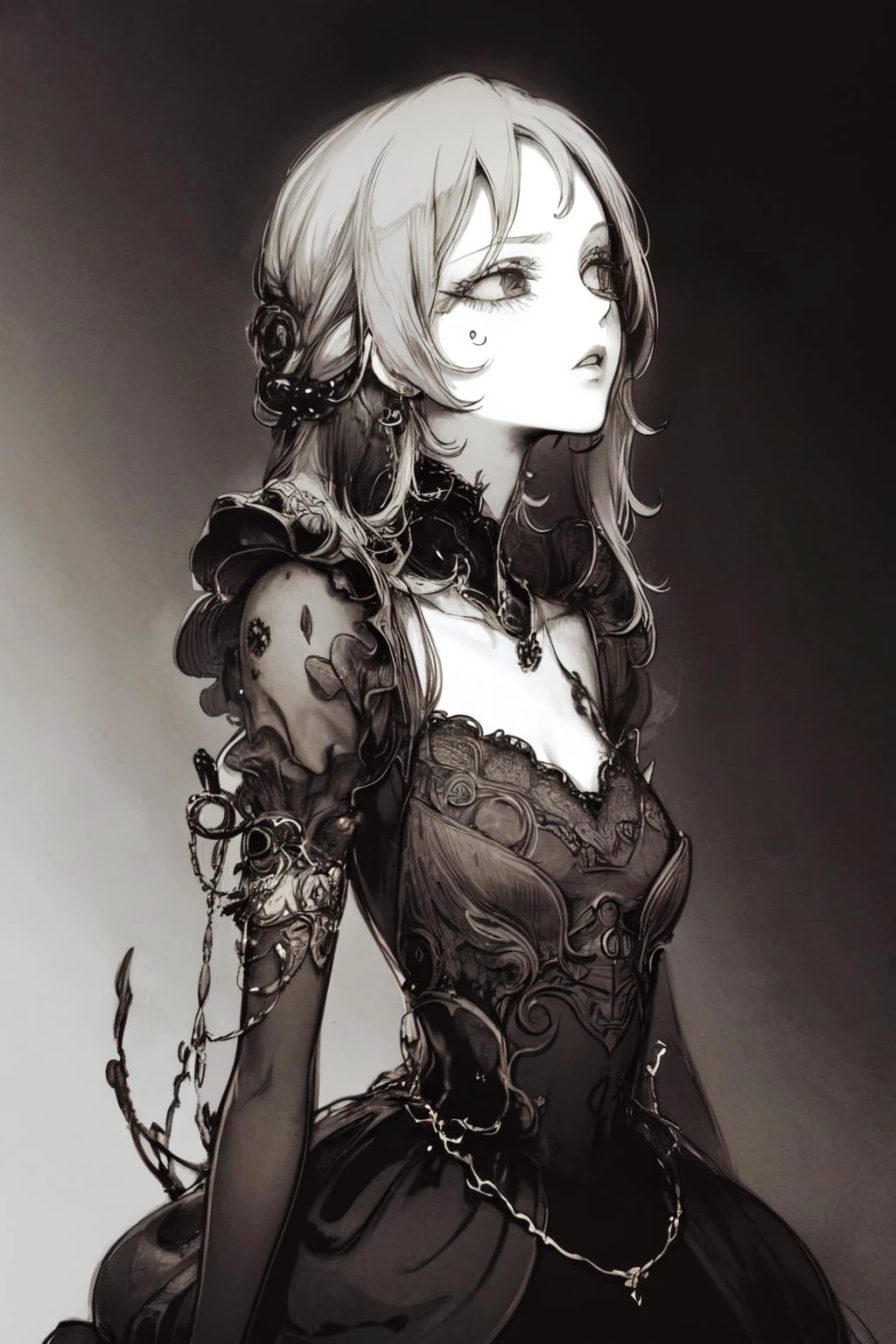 style by NTY, a woman, yoshitaka amano vibe, sickened flesh decay, an intricate dress, <lora:PsychoMode:0.7>
