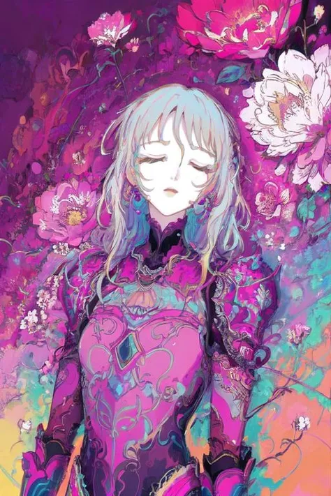 style by NTY, a woman, colorful, iridescent armor,  flowers, flower armor, colorful background, cluttered, closed eyes, splashing, abstract, psychedelic, intricate, clothed, 
<lora:PsychoMode:0.7>  <lora:Iridescence:0.3>