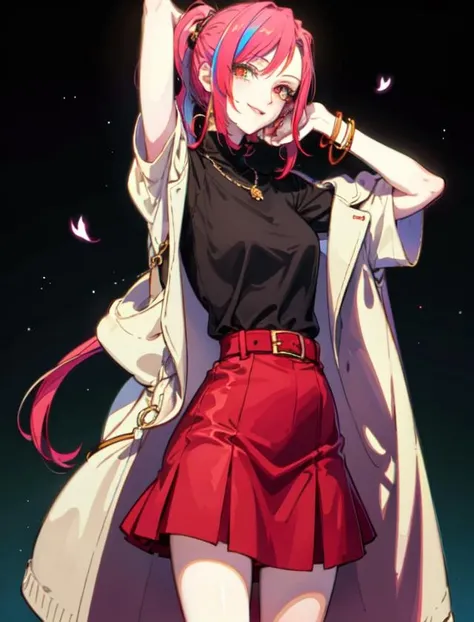 masterpiece, best quality, a woman, style by NTY, ponytail, multicolored hair, black shirt, jacket, belt, red skirt, shorts under skirt, smile, magic
<lora:PsychoMode:0.7>