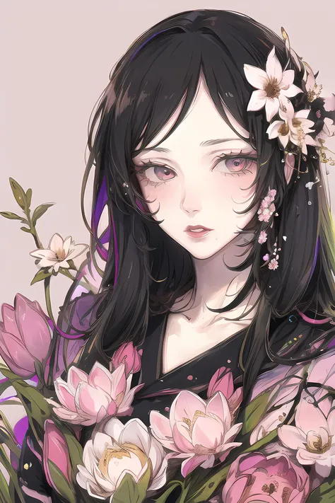 style by NTY, a woman, infected face, flowers, flower armor, colorful background, cluttered,  <lora:PsychoMode:0.7>