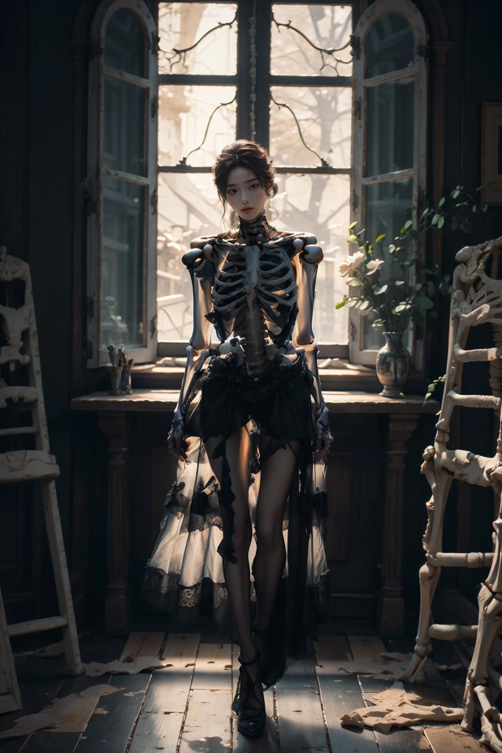 1girl,best quality,masterpiece,realistic,HDR,UHD,8K,best quality,Highly detailed,realistic,masterpiece,colorful <lora:WanGu3:0.6>skeletal, full body