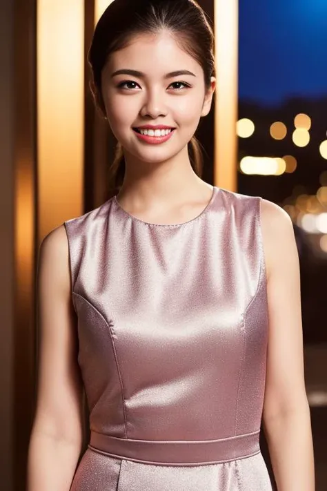 1girl,(wearing a sleeveless glittery evening dress:1.2),(RAW photo, best quality), (realistic, photo-realistic:1.4), masterpiece, an extremely delicate and beautiful, extremely detailed, 2k wallpaper, Amazing, finely detail, extremely detailed CG unity 8k wallpaper, ultra-detailed, highres, soft light, beautiful detailed girl, extremely detailed eyes and face, beautiful detailed nose, beautiful detailed eyes,cinematic lighting,city lights at night,perfect anatomy,slender body,smiling <lora:koshibafuka_lora:0.8>