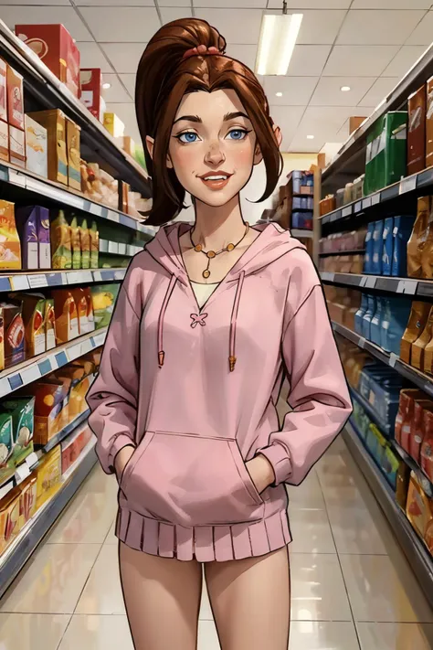 kittypryde, blue eyes, brown hair, ponytail, necklace, pink hoodie, bottomless, looking at viewer, smiling, standing, hands in pockets, inside grocery store, aisle, bright lighting, high quality, masterpiece, <lora:hoodie v1.0:.4> <lora:CARTOON_X_MEN_Evolution_KittyPryde_ownwaifu:.8>