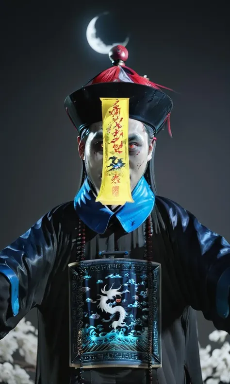 cinematic photo ((masterpiece)),((best quality)),8k,high detailed,ultra-detailed,intricate detail,full body,photography,((huangfu:2),huangfu paper,1boy, A cool boy in black nanjiang costume with huangfu paper in head,(blood-red eyes)),(grinning menacingly),The moonlight casts an eerie glow on his stoic face and intricate garments. ((levitating:1.2)), (moonlit), (symmetrical composition).,<lora:QDjiangshi_YF:1>, . 35mm photograph, film, bokeh, professional, 4k, highly detailed