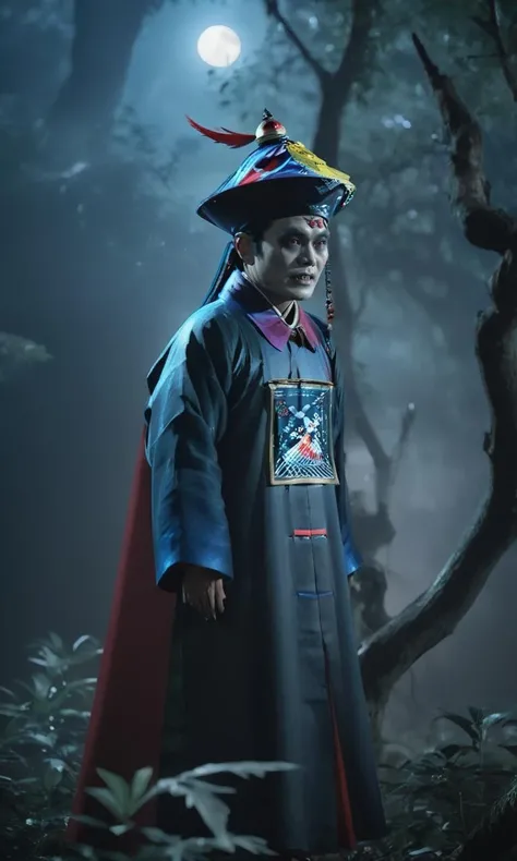 cinematic photo ((masterpiece)),((best quality)),8k,high detailed,ultra-detailed,((huangfu paper)),1man in nanjiang costume with huangfu paper on the head,painted face,((blood-red eyes),fangs, open mouth, ((desolate forest)), (emerging from the shadows), (menacing pose), (ominous fog), (neon streaks), (dynamic lighting), (asymmetric composition), Maxon Cinema 4D rendering, In a desolate forest, a nanjiang emerges from the shadows with a menacing pose. Ominous fog and neon streaks add to the eerie atmosphere, and dynamic lighting enhances the sense of movement,,<lora:QDjiangshi_YF:1>,, . 35mm photograph, film, bokeh, professional, 4k, highly detailed
