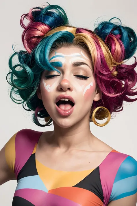 oface, a funny clown wearing a colorful wig and face painted<lora:oface:1.0>