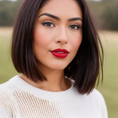 Face picture ((close up:1.3)) of AlissonFoxworth <lora:AlissonFoxworth:0.70> (white sweater1.2), ((front view)), (natural red lips), short hair dyed, hourglass body, big breasts, countryside background, (high detailed skin:1.2), 8k uhd, dslr, soft lighting, high quality, film grain, Fujifilm XT3