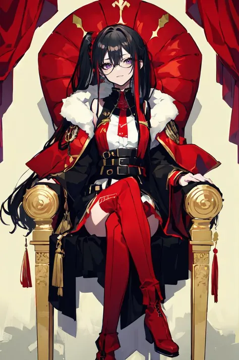 <lora:mochizuki_kei_style_v01:1>, ultra detailed, masterpiece, best quality, solo, smug smile, sitting, crossed legs, throne room, red banner, 1girl, purple eyes, red-framed eyewear, (black hair, red colored tips:1.2), red streaked hair, very long hair, side ponytail, tied hair, medium breasts, coat on shoulders, red dress, sleeves rolled up, fingerless gloves, holster, belt, multiple belts, combat boots, bulletproof vest, pants, black coat, tactical clothes,