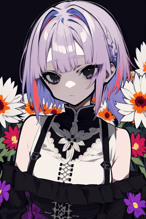 solo, mature female, suspicious, light purple hair, multi-tied hair, black eyes, cream pullover, night, Strawflower \(flower\), floral background, multicolored background <lora:mochizuki_kei_style_v01:1>