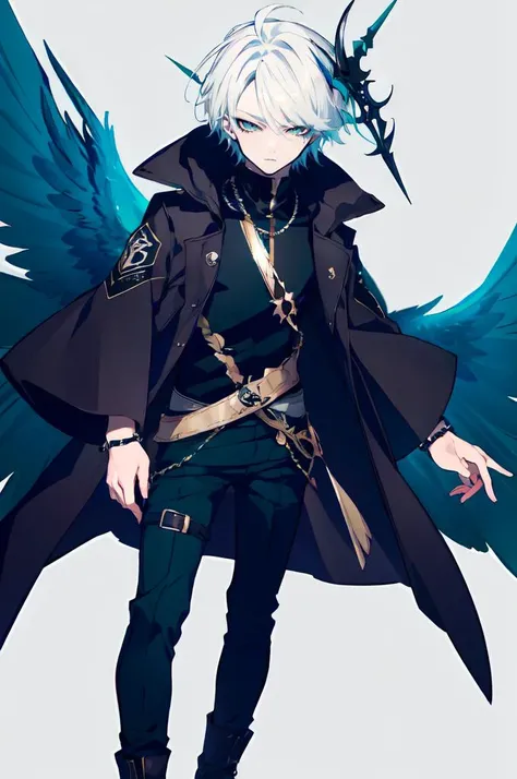 <lora:mochizuki_kei_style_v01:1>, ultra detailed, masterpiece, best quality, solo, 1boy, teal eyes, <lora:Tsurime3:1>, (tsurime:1.2), parted bangs, white hair, medium hair, straight hair, shoulder-length hair, male focus, coat, shirt, pants, studded belt, multiple belts, combat boots, torn clothes, necklace, black coat, black and green theme,