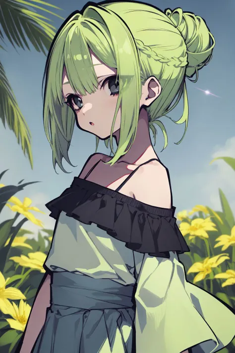 solo, 1girl, mature female, looking to the side, :o, light green hair, half updo, black eyes, light blue off-shoulder shirt, lens flare, Flax_New_Zealand \(flower\), floral background <lora:mochizuki_kei_style_v01:1>