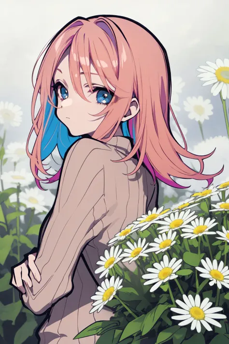 solo, mature female, looking back, :q, pink hair, oseledets, blue eyes, light brown ribbed sweater, foggy atmosphere, Marguerite_daisy \(flower\), floral background, multicolored background <lora:mochizuki_kei_style_v01:1>