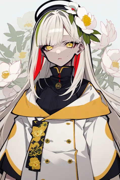 solo, mature female, tired, cream hair, okappa, yellow eyes, white long coat, foggy atmosphere, Paeonia \(flower\), floral background, multicolored background <lora:mochizuki_kei_style_v01:1>