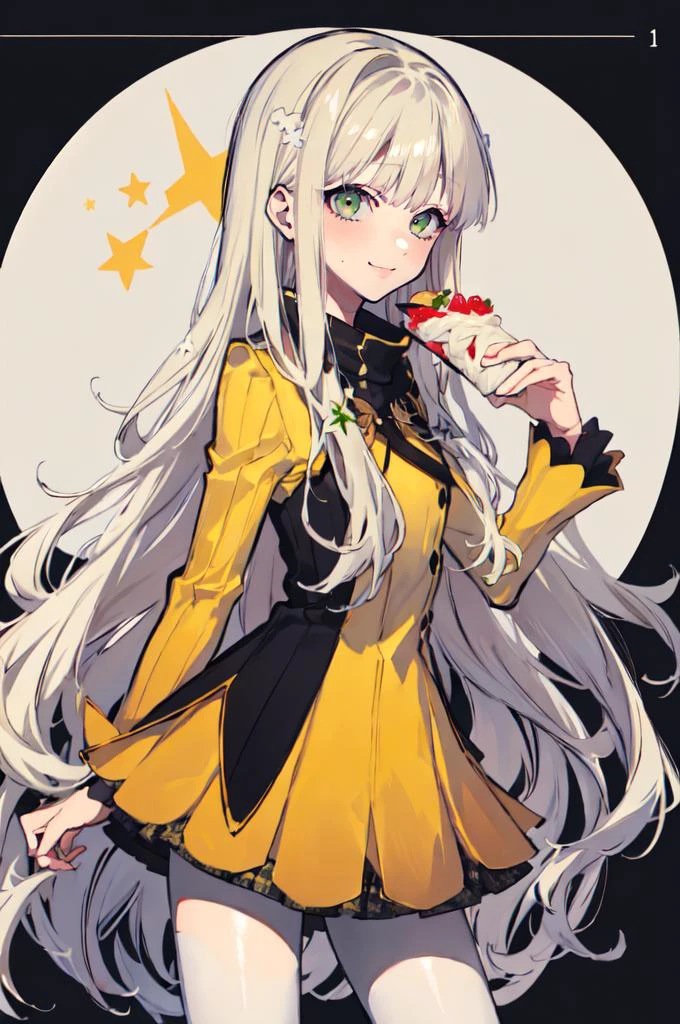 smile, holding food, lots of food, <lora:zs_Rei:1> reipq, green eyes, blonde hair, very long hair, hair ornament, yellow uniform, grey skirt, white pantyhose, cowboy shot, <lora:mochizuki_kei_style_v01:1>, absurdres, ultra detailed, masterpiece, best quality, aesthetic, detailed,