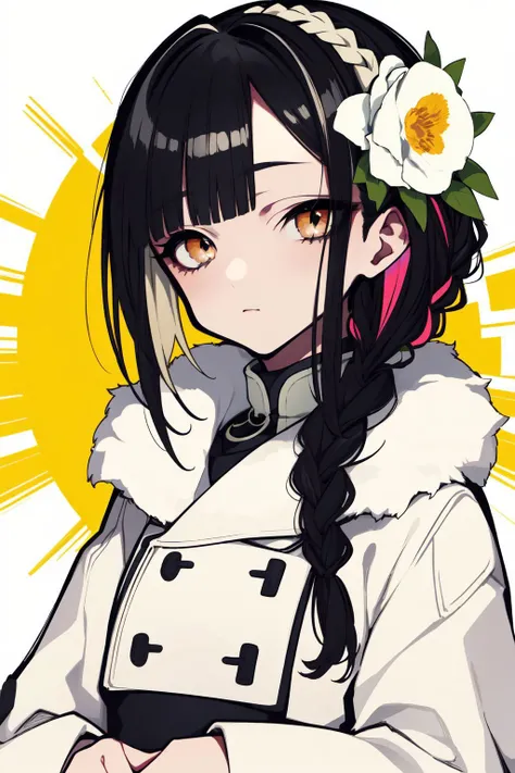 solo, mature female, envious, black hair, french braid, beige eyes, white fur coat, sunbeam, Erica_spp \(flower\), floral background, multicolored background <lora:mochizuki_kei_style_v01:1>