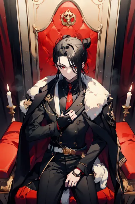 <lora:mochizuki_kei_style_v01:0.75>, ultra detailed, masterpiece, best quality, solo, smug smile, (sitting, arm rest, head on hand:1.3), throne room, red banner, black and red theme,
1boy, red eyes, <lora:Tsurime3:1>, (tsurime:1.2), black hair,(undercut, top knot, parted bangs:1.35), long bangs, short hair, hair intakes, tall,
, (coat on shoulders:1.3), dress shirt, sleeves rolled up, fingerless gloves, holster, pants, belt, multiple belts, combat boots, bulletproof vest, black coat,
