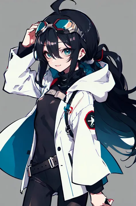 <lora:mochizuki_kei_style_v01:1>, ultra detailed, masterpiece, best quality, solo, smile,
1girl, (teal eyes:1.1), (aqua eyes:0.45), (black hair:1.2), <lora:low_ponytail-1.0:0.95> low ponytail, ahoge, low ponytail, absurdly long hair, very long hair, (hair flaps:1.2), flipped hair, hair between eyes, bangs, messy hair, small breasts,
(goggles on head:1.3), hooded coat, open coat, turtleneck, capri pants, black knee boots, multiple belts, multiple straps, white long jacket, white coat, (half-skirt:0.65), layered clothes, hair ribbon,
