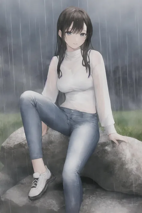 SoakingWetClothes, 1girl (best quality:1.05), wearing denim ,white shirt, detailed face, beautiful face ,full body, sitting on boulder in rain, <lora:SoakingWetClothesv2:1>, distant mist background
