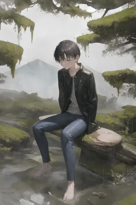 SoakingWetClothes,. 1boy, jeans, sitting on log in mountains, heavy rain, mist,sad look <lora:SoakingWetClothesv2:1>