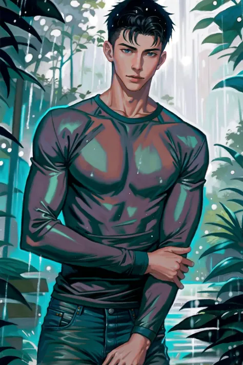 SoakingWetClothes, handsome twink man wearing denim and (gray long sleeve t-shirt), in amazon rain forest, evening, heavy rain, <lora:SoakingWetClothesv2:0.8>