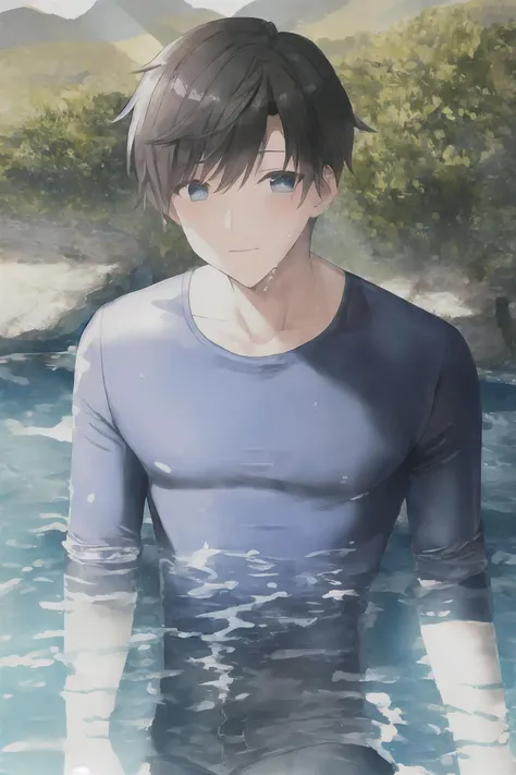 SoakingWetClothes, 1boy, partially submerged  (swimming) in mountain stream, wearing denim and shirt,  <lora:SoakingWetClothesv2:1>,