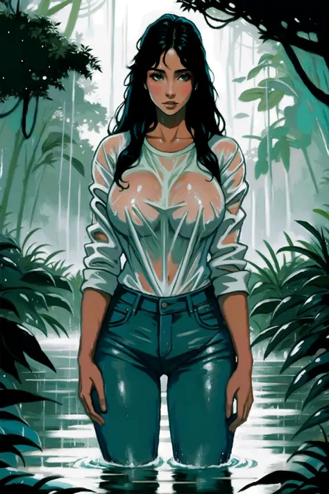 SoakingWetClothes, beautiful young woman , in amazon rain forest, evening, heavy rain, wearing denim, <lora:SoakingWetClothesv2:0.6>