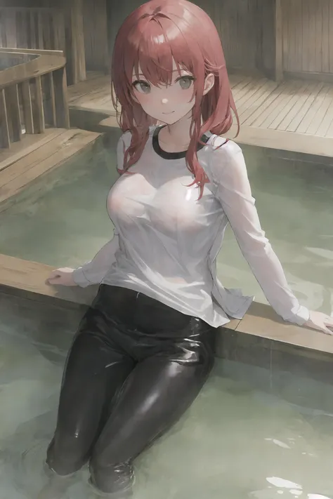 SoakingWetClothes,. 1girl, (long trousers), white top, relaxing in onsen, <lora:SoakingWetClothesv2:1>