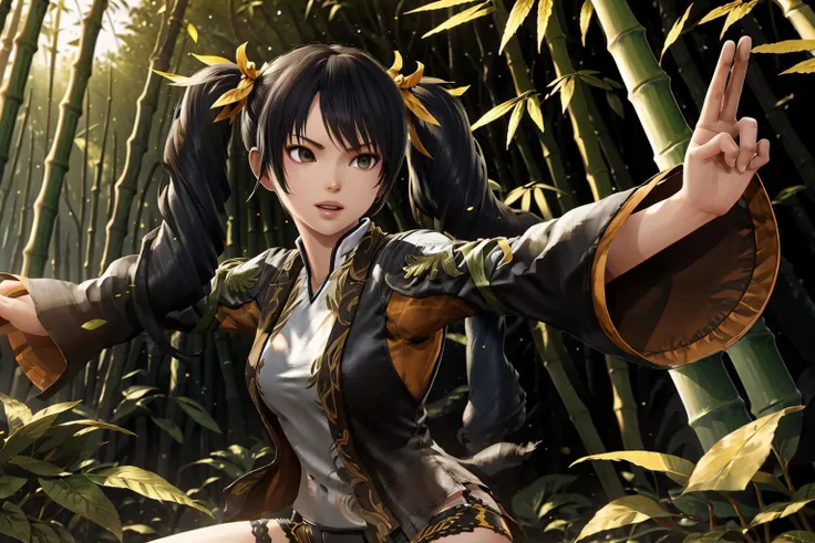 masterpiece, best quality, twintails, fighting stance, bamboo forest, shorts, <lora:lingxiaoyu-000018:0.8>
