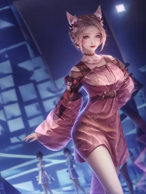 makeup,looking at viewer,mature female,cityscape,night,facial mark,indoors,window,1girl,arms behind back,hair ornament,bare legs,puffy sleeves, <lora:gongsunli xingshangguan_20230630232416:0.8>,standing,