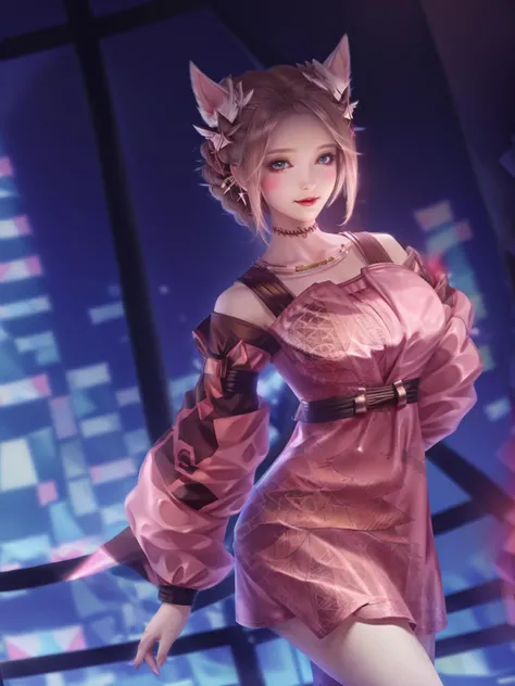 makeup,looking at viewer,mature female,cityscape,night,facial mark,indoors,window,1girl,arms behind back,hair ornament,bare legs,puffy sleeves, <lora:gongsunli xingshangguan_20230630232416:0.8>,standing,