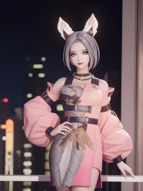 WZRYgongsunliWXXSG, 1girl, solo, looking at viewer,blue eyes, short hair, dress, grey hair, breasts,puffy sleeves,choker,chain necklace, cityscape, night,makeup, eyelashes, <lora:WZRYgongsunliWXXSG:0.75>,light smile, hand on hip,small breasts,