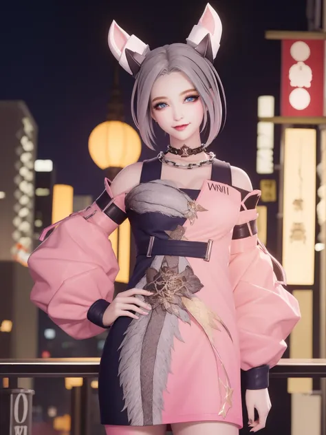 WZRYgongsunliWXXSG, 1girl, solo, looking at viewer,blue eyes, short hair, dress, grey hair, breasts,puffy sleeves,choker,chain necklace, cityscape, night,makeup, eyelashes,  <lora:WZRYgongsunliWXXSG:0.75>,light smile, hand on hip,small breasts,