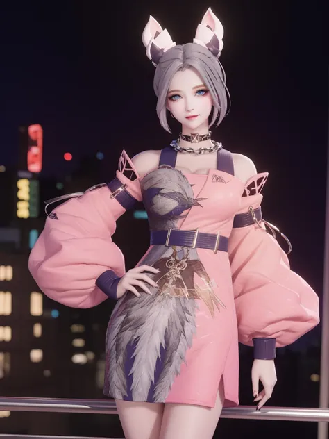 WZRYgongsunliWXXSG, 1girl, solo, looking at viewer,blue eyes, short hair, dress, grey hair, breasts,puffy sleeves,choker,chain necklace, cityscape, night,makeup, eyelashes, <lora:WZRYgongsunliWXXSG:0.75>,light smile, hand on hip,small breasts,