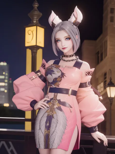 WZRYgongsunliWXXSG, 1girl, solo, looking at viewer,blue eyes, short hair, dress, grey hair, breasts,puffy sleeves,choker,chain necklace, cityscape, night,makeup, eyelashes, <lora:WZRYgongsunliWXXSG:0.75>,light smile, hand on hip,small breasts,