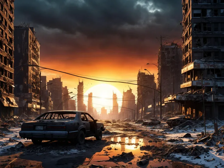 far far far distant view, city after apocalypse, many detailed broken skyscraper, sand wind across the street, bones on the ground, dark day, big bright sunset big sun, broken traffic lights, damaged car, (toxic water on the ground), fallout black snow, <lora:add-detail-xl:1.2>