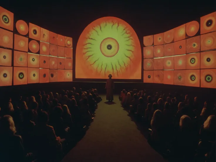 1976 extreme wide shot, DVD screenshot of an acid horror, eerie, dramatic, cinematic, folk horror, psychedelic, cosmic, uncanny valley, analog, camcorder, glitch interference, surreal, occultism, paganism, ethereal, abstract, shot in Panavision 70