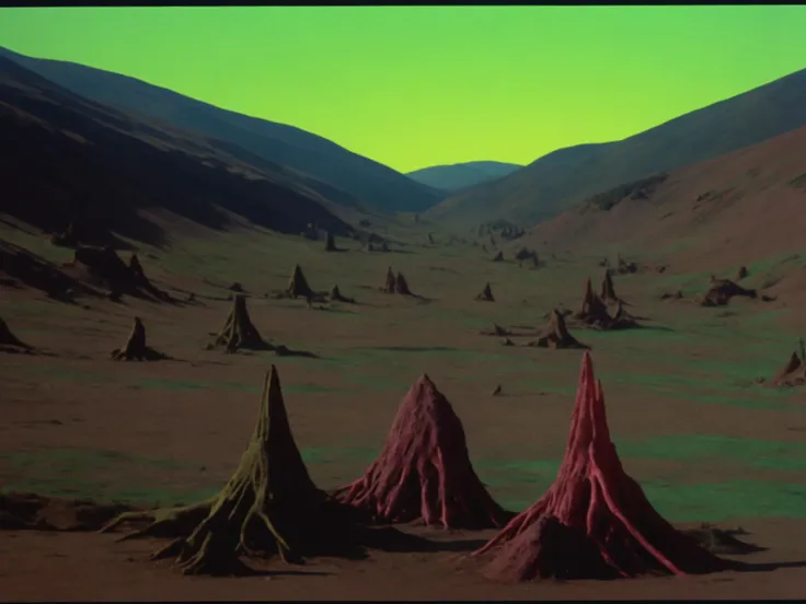 1977 Landscape Wide, DVD screenshot of an acid horror, eerie, dramatic, cinematic, folk horror, psychedelic, cosmic, uncanny valley, analog, camcorder, glitch interference, surreal, occultism, paganism, ethereal, abstract, shot in Panavision 70