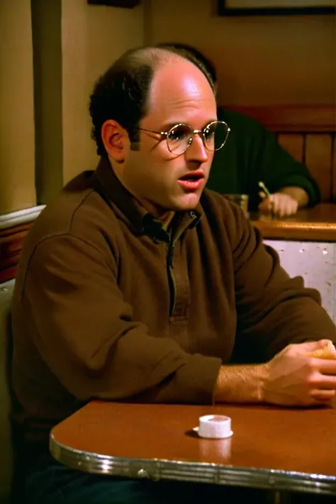 SeinfeldStyle, a man sitting in a booth at a diner. Painting by Caravaggio."Kodak Portra 400. The mood is dark and eerie, cinematic. High quality. Highly detailed. Dramatic. 8k.4k. UHD. Trending on Artstation. Award winning. Rendered with photorealistic. Highly Detailed. Ultra realistic. Digital painting. " very intricate. Intricate. <lora:SeinfeldStyle:1>