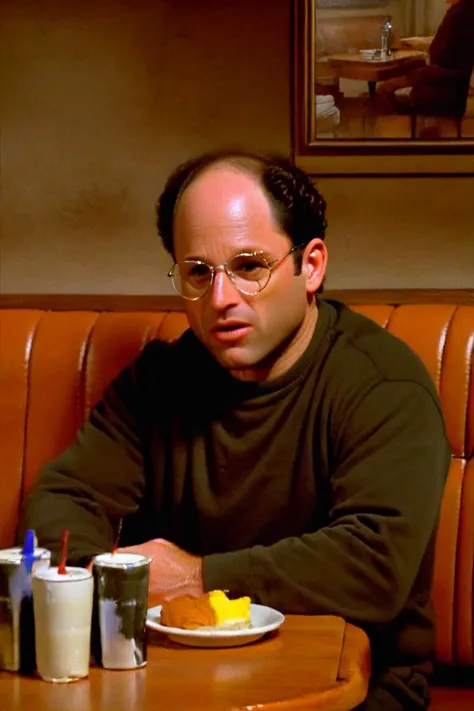 SeinfeldStyle, a man sitting in a booth at a diner. Painting by Caravaggio."Kodak Portra 400. The mood is dark and eerie, cinematic. High quality. Highly detailed. Dramatic. 8k.4k. UHD. Trending on Artstation. Award winning. Rendered with photorealistic. Highly Detailed. Ultra realistic. Digital painting. " very intricate. Intricate. <lora:SeinfeldStyle:1>