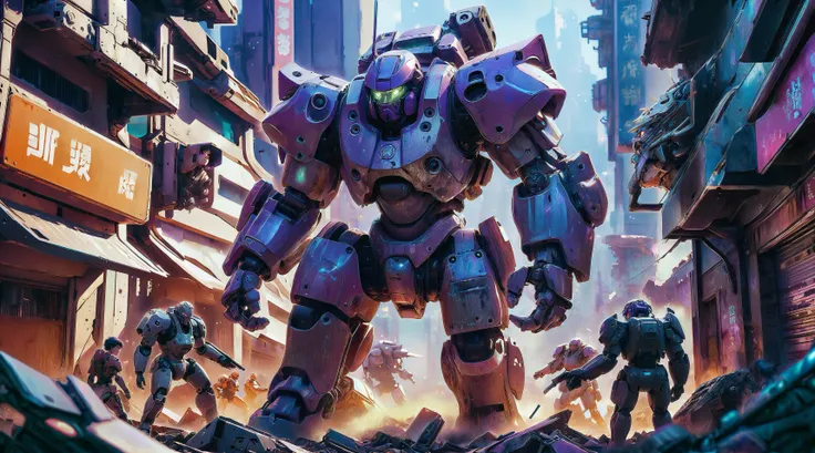 Prompt: In the style of renowned manga artist Shirow Masamune's "Ghost in the Shell," create an image depicting an intense battle scene between human soldiers and towering mecha in a ruined urban landscape. The camera angle should be from a low position, capturing the scale of the mecha as they loom over the crumbling buildings. The soldiers, dressed in futuristic body armor, are engaged in close combat with the mechanical giants, their expressions filled with determination and grit. The environment is bathed in the harsh glow of neon lights, reflecting off the metal surfaces of the mecha and casting long shadows over the debris-littered streets. The atmosphere is tense, charged with the anticipation of the next move, as both sides fight for their survival. <lora:Cute_3D_Cartoon:1>