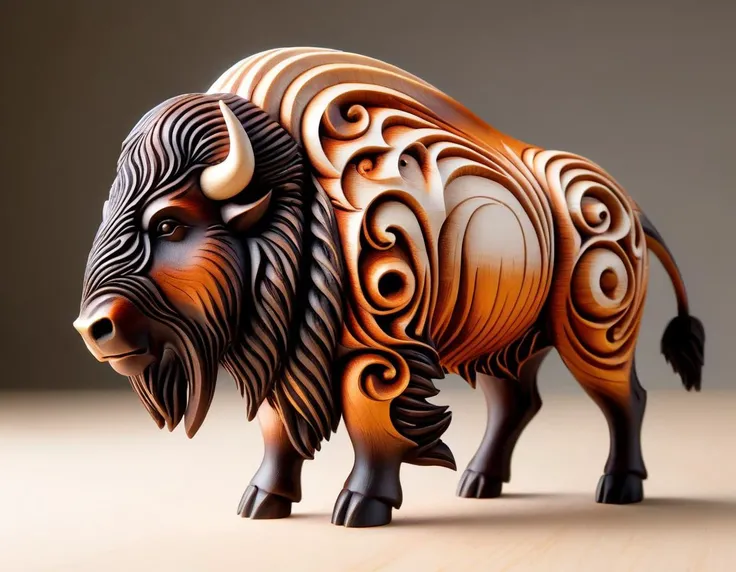 woodfigurez, (stand), ((amazing looking wooden bison)), (painted with varnish colors:1.2), artistic style, woodfigurez, (stand), ((amazing looking wooden bison)), (painted with varnish colors:1.2), artistic style, sublime cool color, highly detailed, symmetry, divine, sharp focus, warm light, striking, deep aesthetic, very inspirational, cute, lovely, intricate, elegant, creative, vibrant, epic, fabulous, cinematic, fine winning