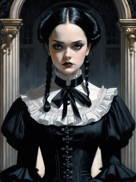 close up, wednesday addams, luis royo (((adam hughes caricature))) , sauntering thru her opulent macabre foyer, modest porcelain frills, ((inquisitive coy power pose)), detailed face, very long black victorian funrial dress with black ruffles and puff sleeves and very tightly laced deep black corsset, (((ambient darkness)))