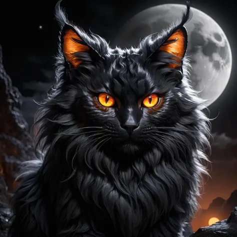 black fluffy gorgeous dangerous cat animal creature, large orange eyes, big fluffy ears, piercing gaze, full moon, dark ambiance, best quality, extremely detailed