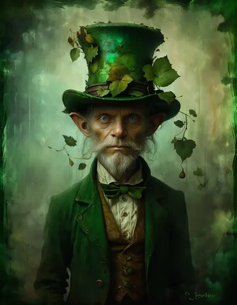 Ethereal mysticism meets grunge art, dark green, charming leprechaun, medium eyes, magic energy, emulsion, andy kehoe, craola, leonardo da vinci, dynamic pose, dynamic light and shadow, digital art, Mysterious, BadDream, linquivera, liiv1