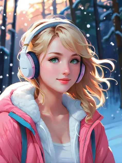 <comment:SUBJECT:0>
photograph of a 18 year old german girl, (blonde:1.3), very attractive,
<comment:DESCRIPTOR:0>
long lashes, petite, cute,
<comment:HAIR:0>
long hair, curly hair,
<comment:FACE:0>
beautiful face, petite face, youthful face, cute face, nice joyful smile, excited gaze,
flushed cheeks, nices contoured youthful cheeks, beautiful nose, perfect nose,
small nose,
<comment:EYES:0>
green eyes, perfect round eyes, realistic fine detailed eyes, hyper beautiful eyes,
absolute stunning eyes,
<comment:BODY:0>
small body, petite body, medium breasts,
<comment:CLOTHES:0>
(((wearing a open pink down winter jacket with white fleece))), (((wearing pink headphones))), waering a white tank top, pastel blue denim jeans, nice styled clothes,
<comment:MEDIA:0>
in winter, snowfall, Porta 160 color, shot on ARRI ALEXA 65, bokeh, sharp focus on subject, masterpiece, 4k, best quality, anime art, art by atey ghailan, painterly anime style at pixiv, art by kantoku, in art style of redjuice/necömi/rella/tiv pixiv collab, your name anime art style, masterpiece digital painting, exquisite lighting and composition, inspired by wlop art style,
<comment:WEBSITE_ARTIST:0>
shot by Don McCullin,
<comment:LORAs:0>
<comment:EMBEDDINGS:0>
