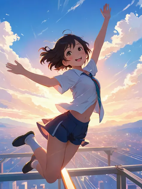 Generate a 4K masterpiece digital painting that captures a sweet anime girl joyfully leaping into the air with all her arms and legs stretched out and a beaming smile on her face. The image should be in the style of Atey Ghailan, Kantoku, Redjuice/Necömi/Rella/Tiv Pixiv collab, and inspired by Wlop's art style. It should have the painterly anime style seen on Pixiv and the exquisite lighting and composition seen in 'Your Name' anime art style.