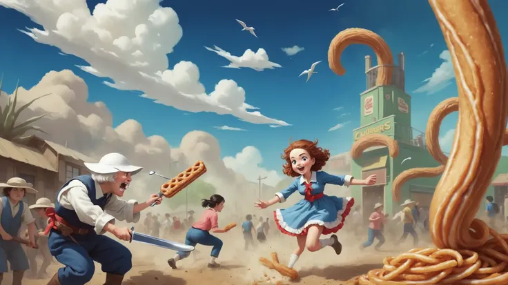 A southern border battle scene in the style of Hayao Miyazaki, bird's eye view
BREAK
desert sky with clouds
ADDCOL
desert sky with clouds
ADDCOL
A giant churro monster looming in the distance.
ADDROW
Quaker Oats man wielding a spoon like a sword.
ADDCOL
Little Debbie skillfully dodging a churro.
ADDCOL
churros attacking