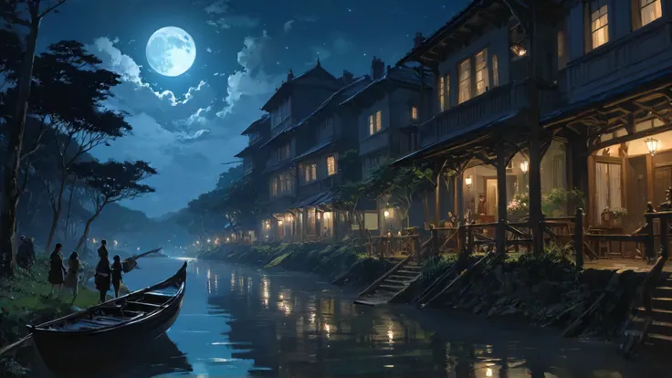 dark, night, Sharp and in focus, art by Waterhouse, John Constable, Ed Blinkey, Atey Ghailan, Studio Ghibli, Jeremy Mann, Greg Manchess, Antonio Moro and makoto shinkai, Ridiculous 1940'S (Falchion:1.2) , Wide view, Printcore, Moonlight, (best quality, HD, ~+~aesthetic~+~:1.2)