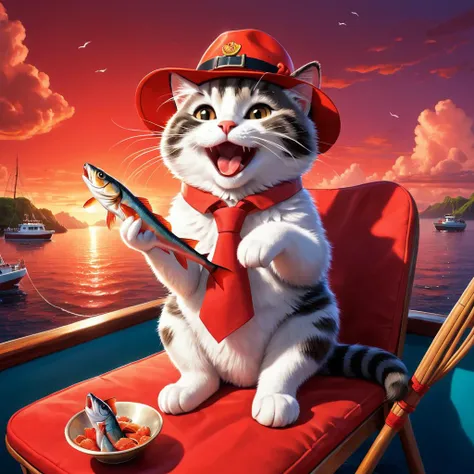 photorealistic image of happy cat eating a fish on a boat, red sky, cat is wearing a hat, sitting on a chair